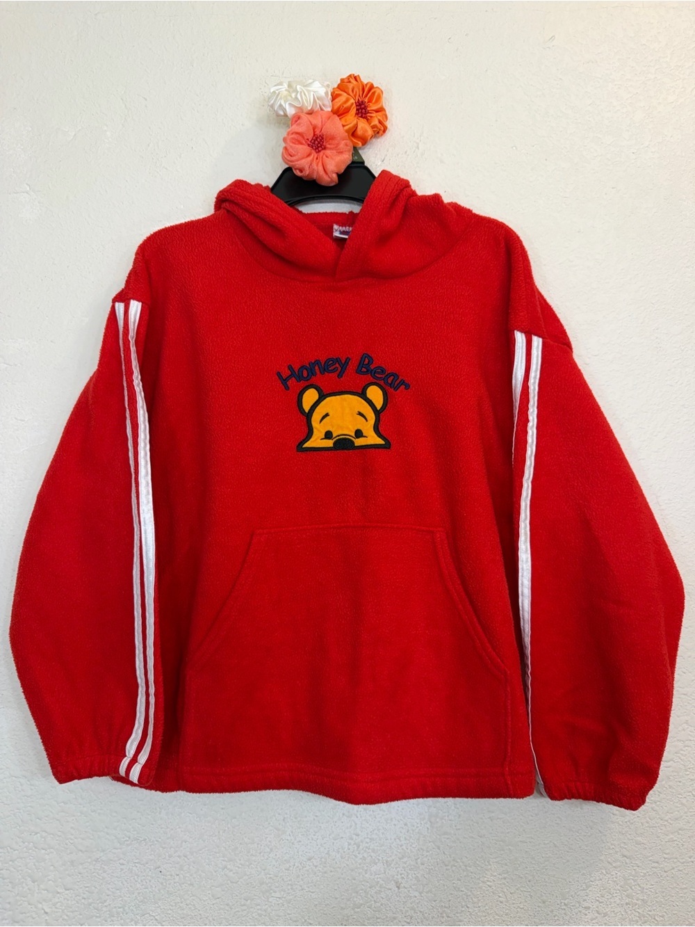C&H Activewear Vintage Fleece Hoodie Red Honey Bear Striped Sleeve 2XL Kids
